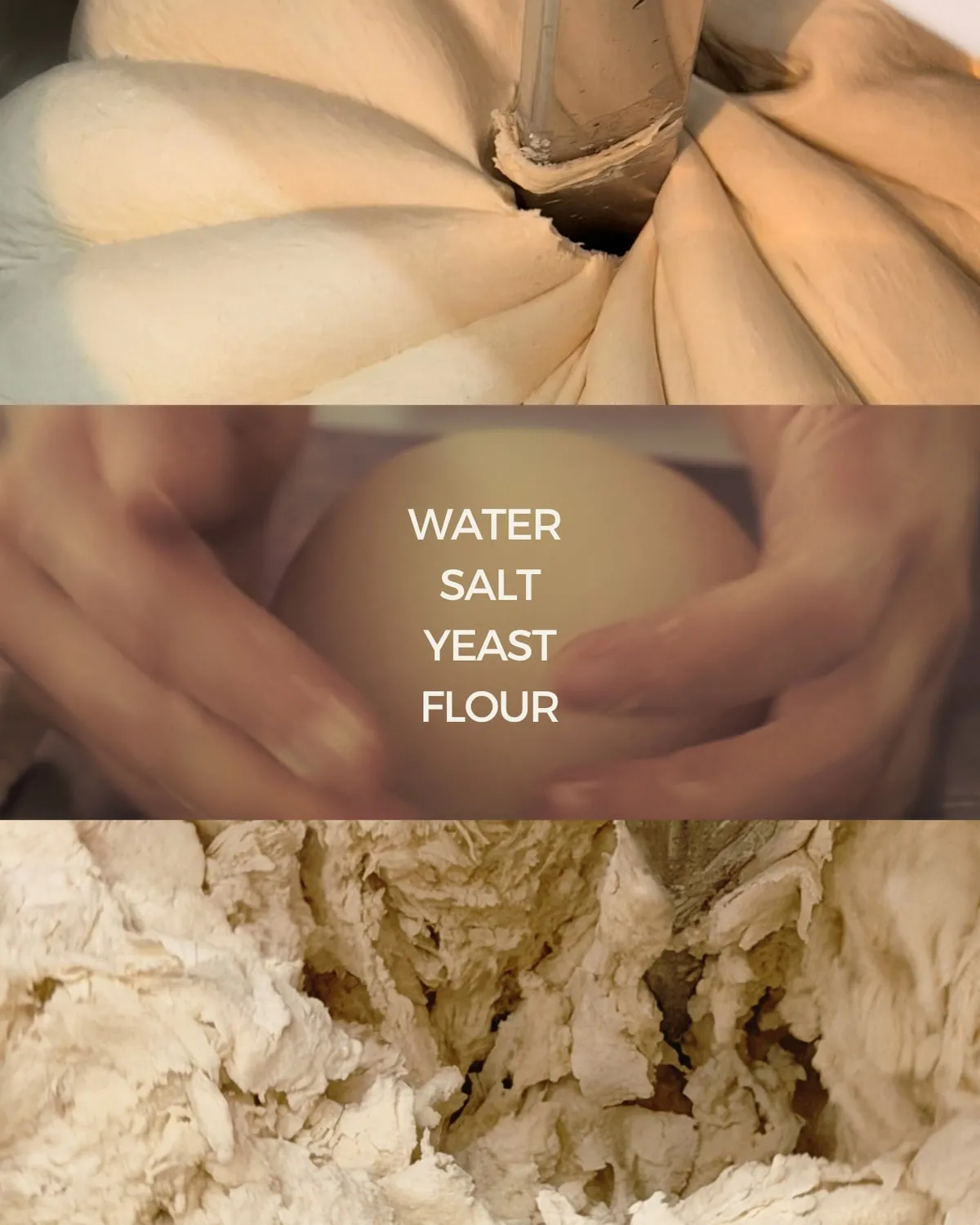 Three frames of dough making, captioned water, salt, yeast, flour: dough turning in the mixer, hands cupping a proved ball, and the shaggy mix before it comes together