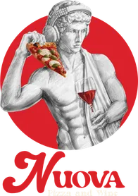 Nuova Pizza and Wine: a David in headphones holding a slice of pizza and a glass of red wine, on a red disc